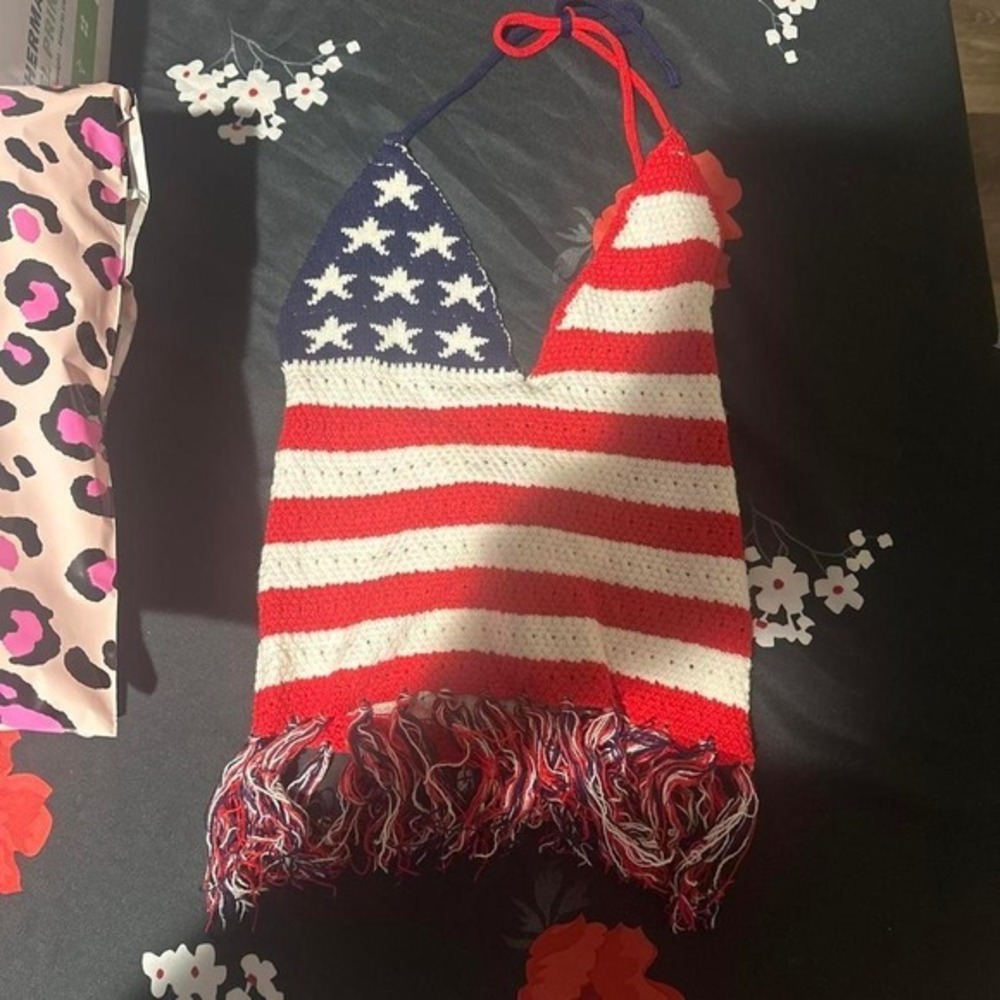 Handmade Crochet American Flag Halter Top Fringe Patriotic Boho Summer Knit